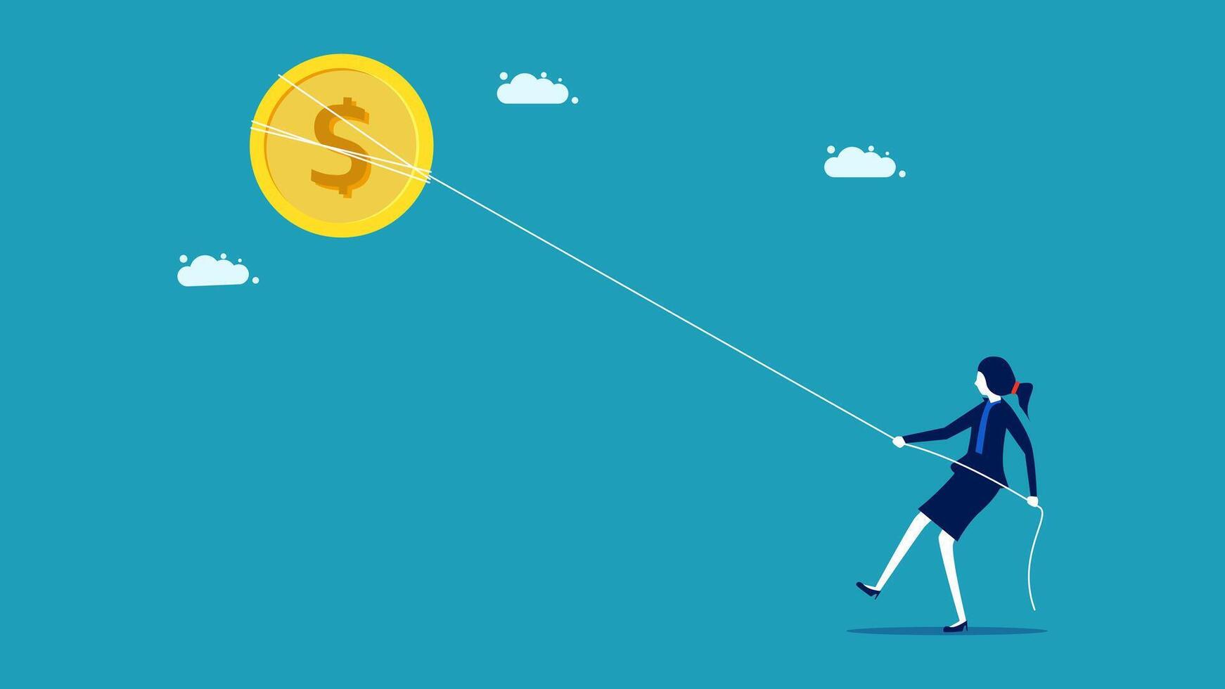 businesswoman pulling a coin from a string vector