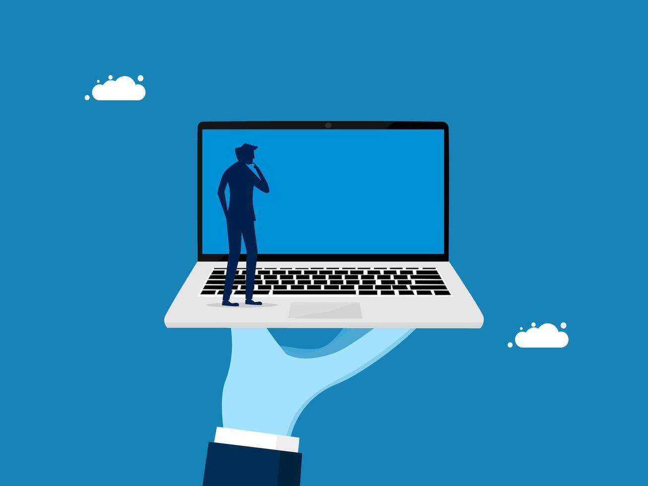 Support business. Businessman hand holding laptop vector