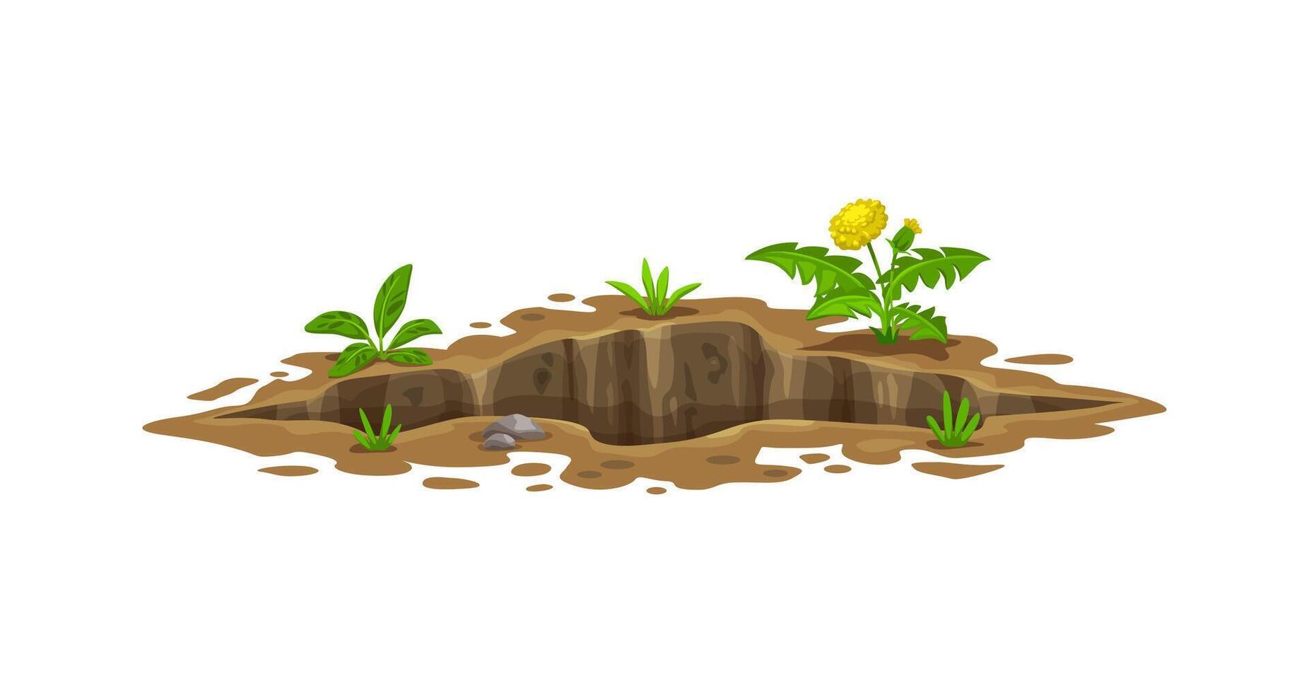 Ground hole, deep dirty pit, burrow or natural gap vector