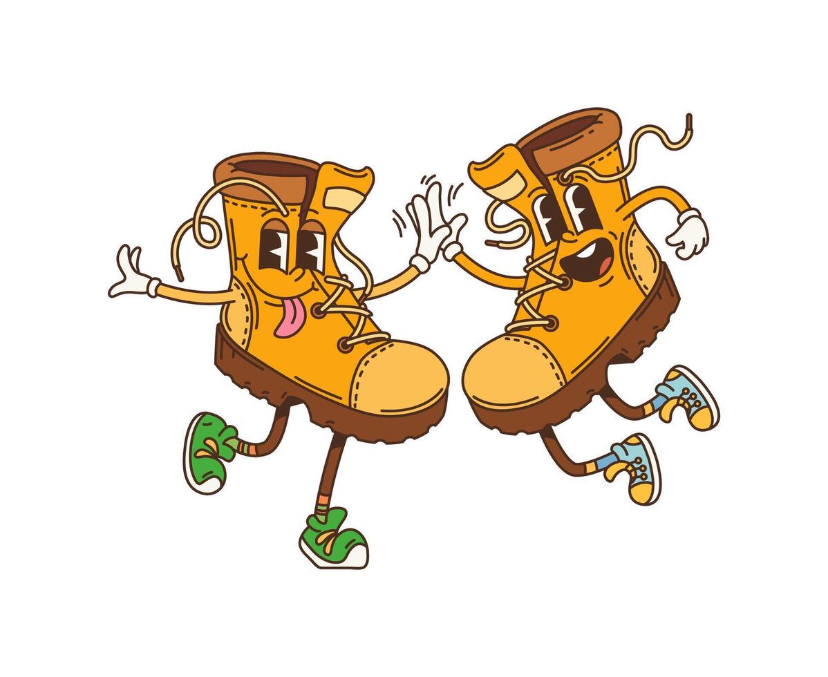 Cartoon travel boots groovy tourism characters vector