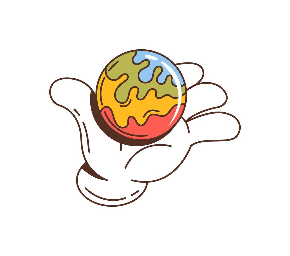 Retro groovy hand holding colorful earth globe vector