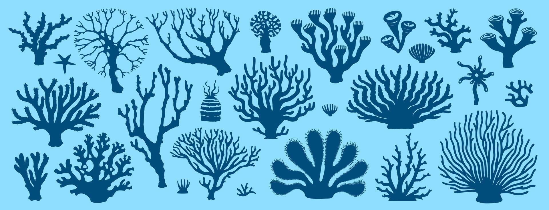 Underwater sea coral reef and seaweeds silhouettes vector