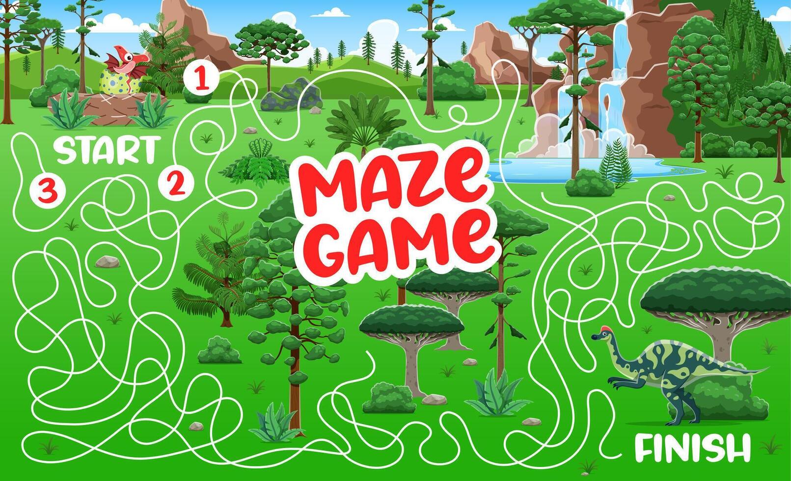 Labyrinth maze game, help to dino kid find mother vector