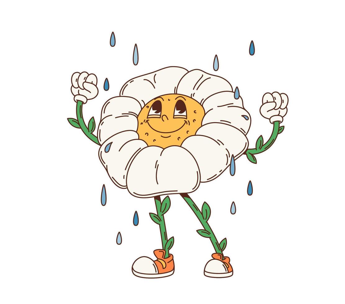 Cartoon groovy daisy flower character in the rain vector