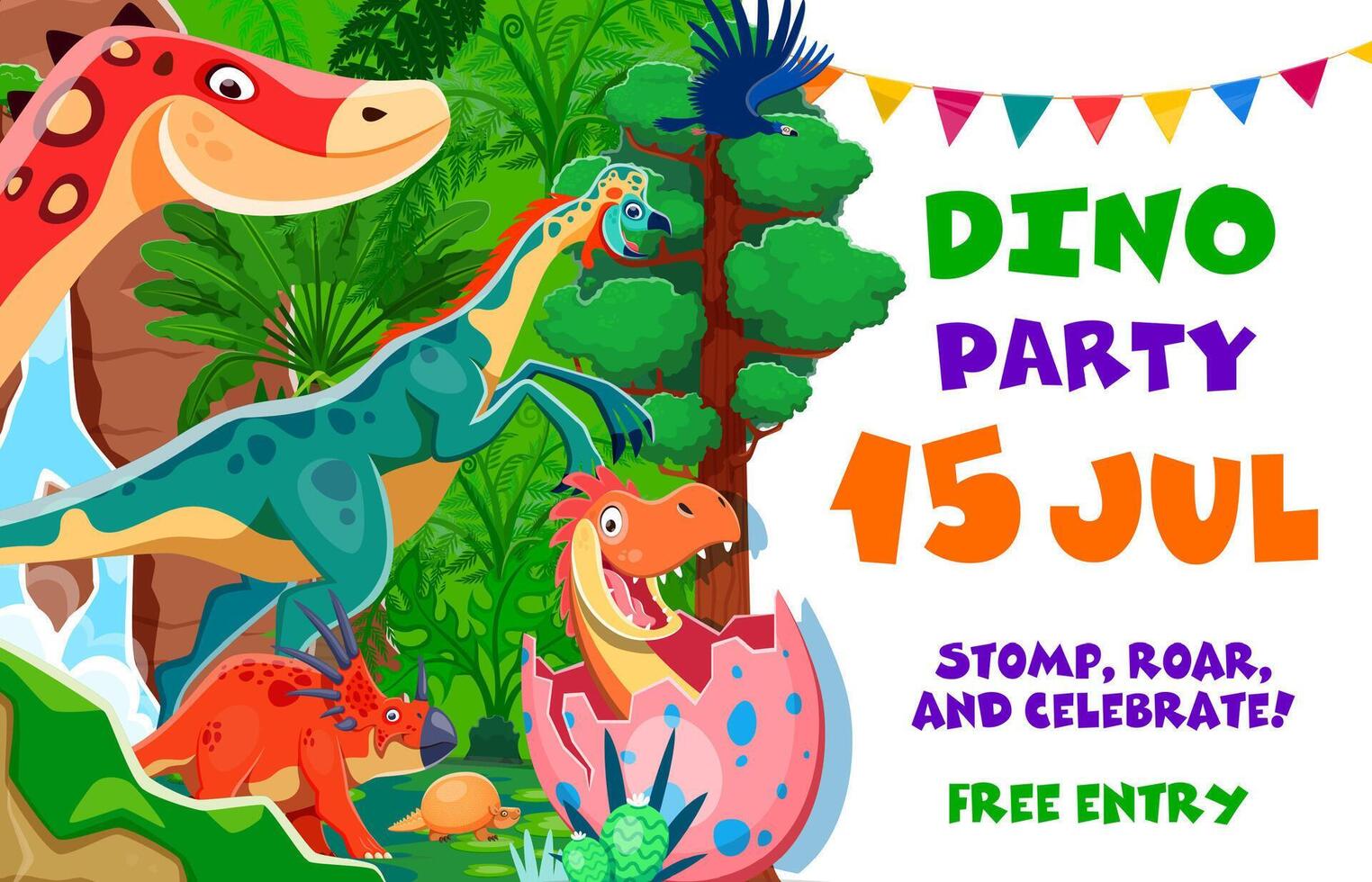 Birthday invite, kids dino party flyer, invitation vector