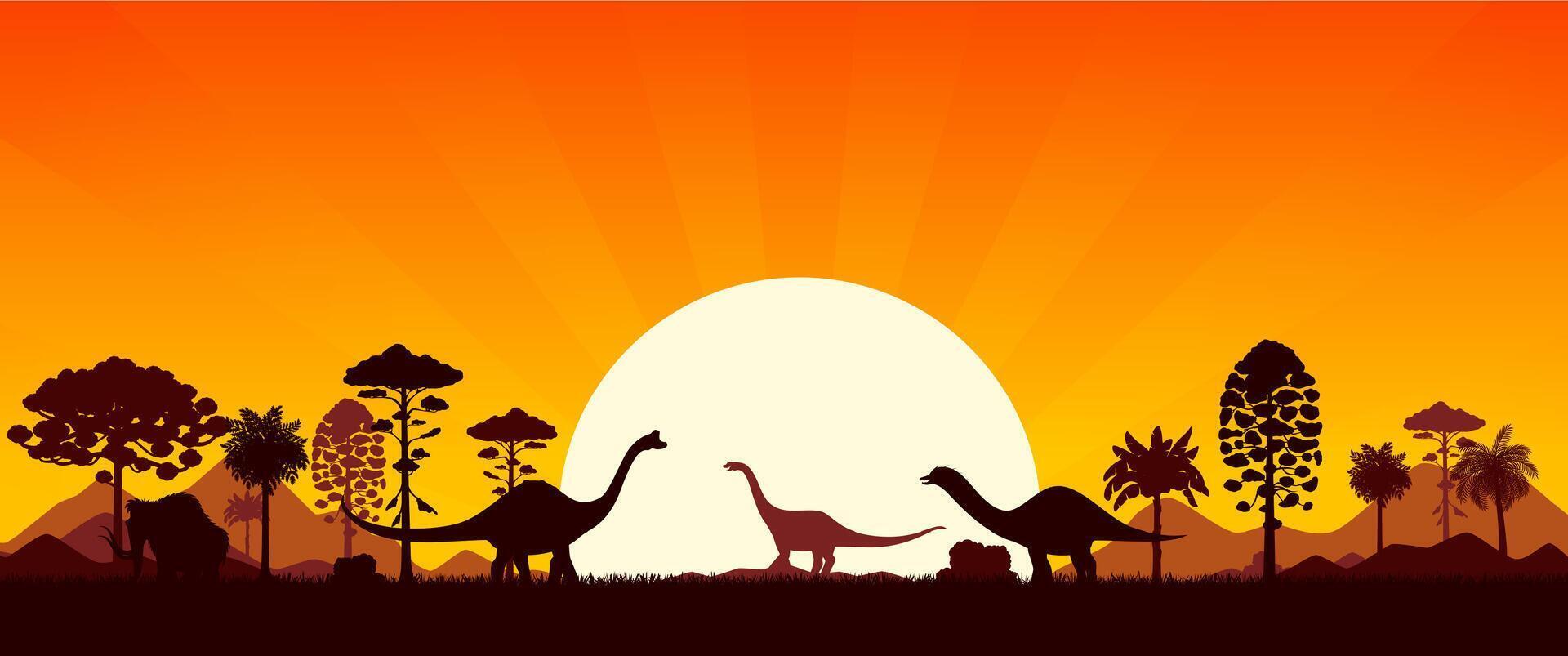 Prehistoric dinosaur silhouettes, Jurassic scene vector