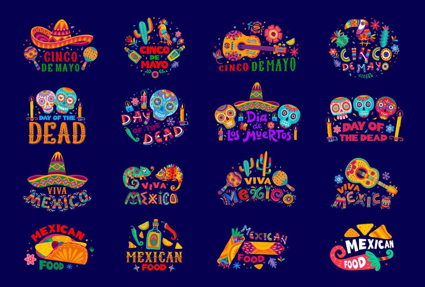 Mexican holiday lettering icons, fiesta typography vector