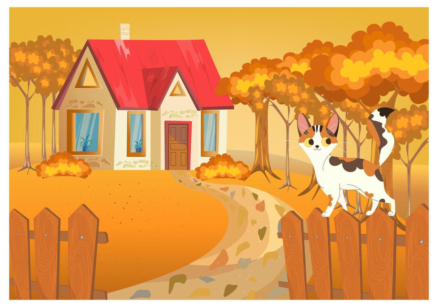 Autumn postcard with view village house. Beautiful trees, wooden fence. Cute cat walking along the fence. Golden hour. House with red roof and lawn path vector
