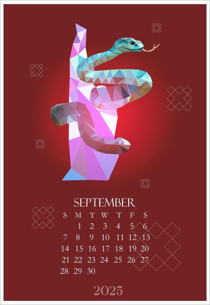 September 2025 Polygonal snake Calendar. Asian Red background. Business poster, planning the days of the week and month. Wall Calendar for print vector