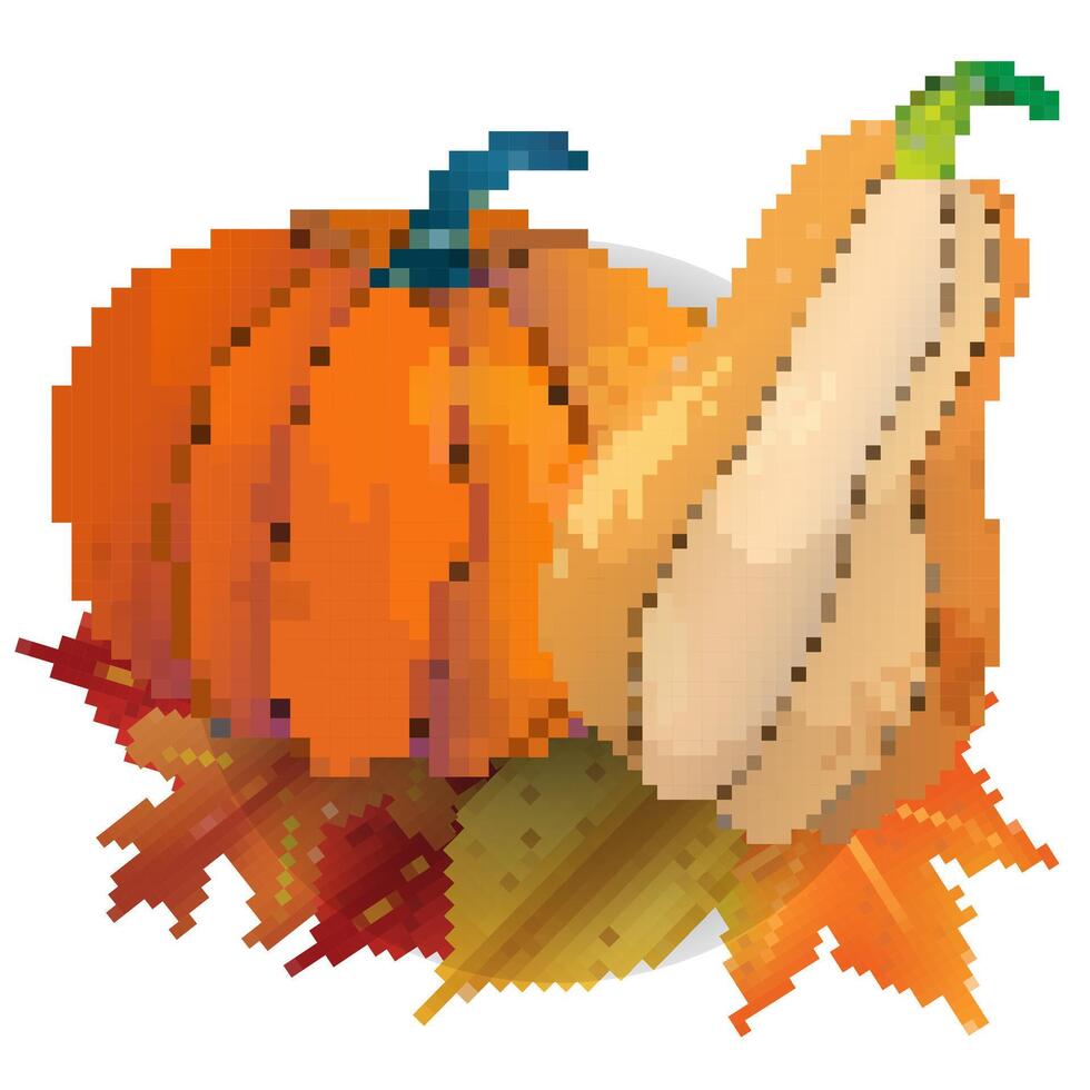 Pixel art illustration Pumpkins with fall leaf s. Pixelated Pumpkin. Autumn Fall Pumpkin icon for Holiday Halloween or Thanksgiving day. pixel art game and icon for website and game. vector