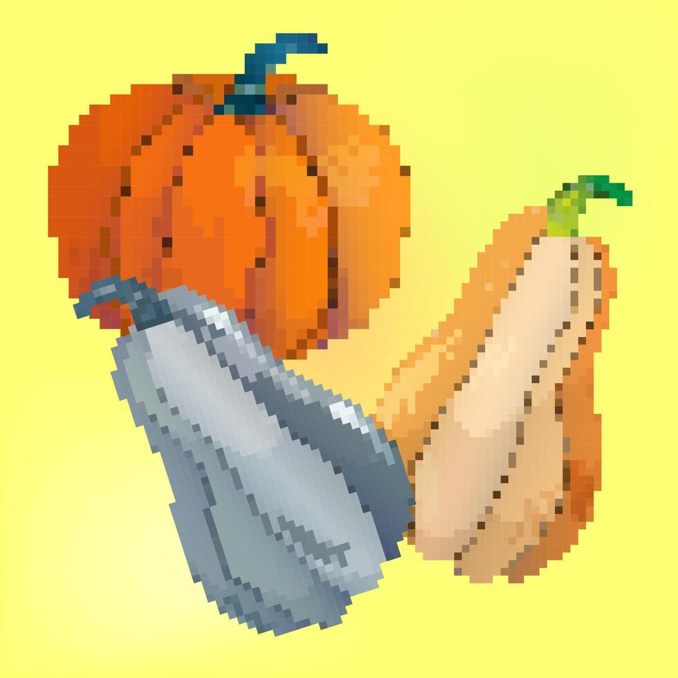 Pixel art illustration Pumpkins. Pixelated Pumpkin. Autumn Fall Pumpkin icon for Holiday Halloween or Thanksgiving day. pixel art game and icon for website and game. vector