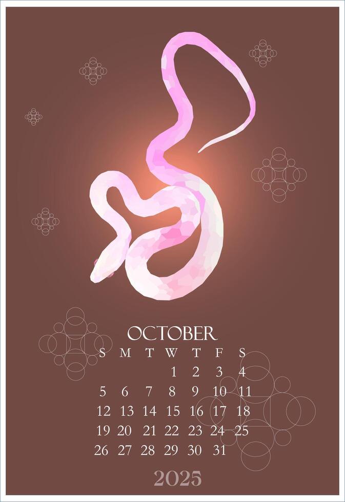 October 2025 Polygonal pink snake Calendar. Asian Brown background. Business poster, planning the days of the week and month. Wall Calendar for print vector