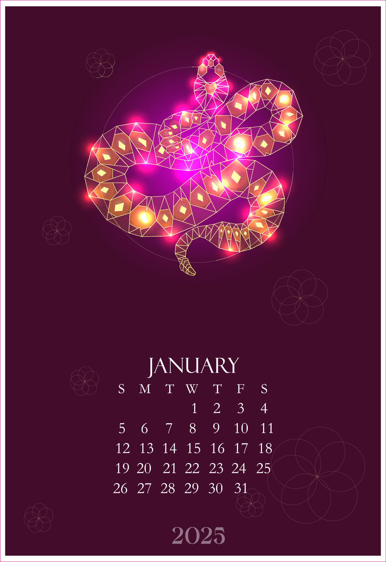 Calendar 2025 January with illustration shining polygonal snake, modern