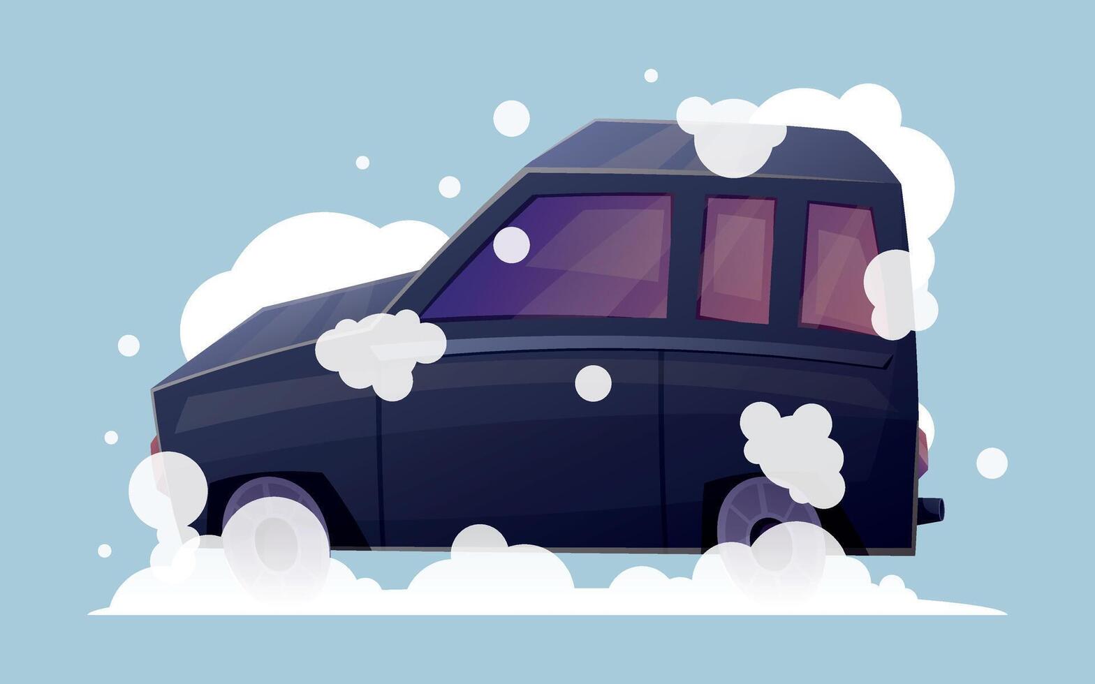 Black funny passenger car hatchback with foam and soap bubbles, vehicle wash. isolated cartoon illustration. vector