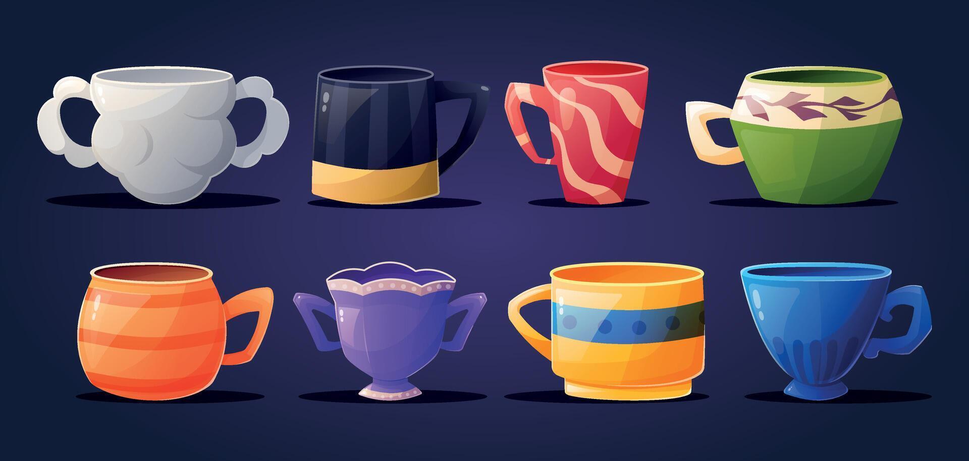 A collection of various colorful ceramic mugs and cups for tea or coffee. Set of isolated cartoon illustrations. vector