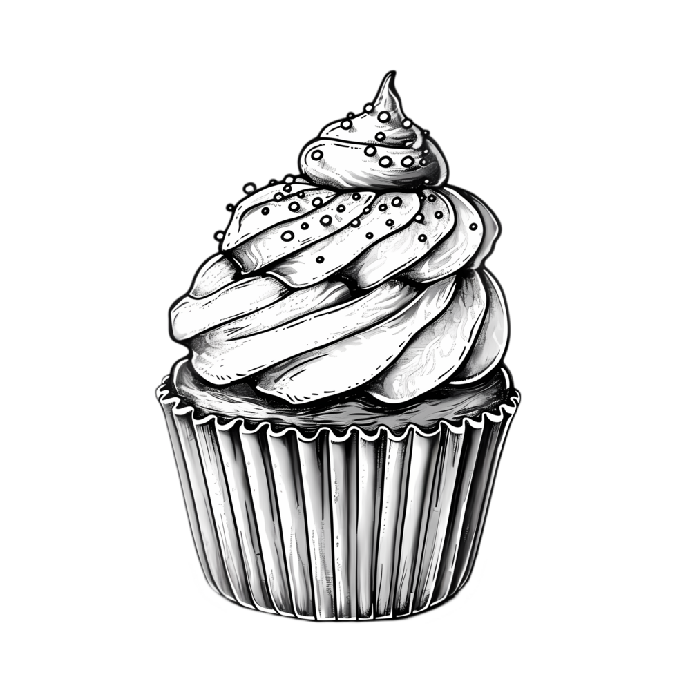 Black and White Illustration of a Cupcake with Swirled Frosting png