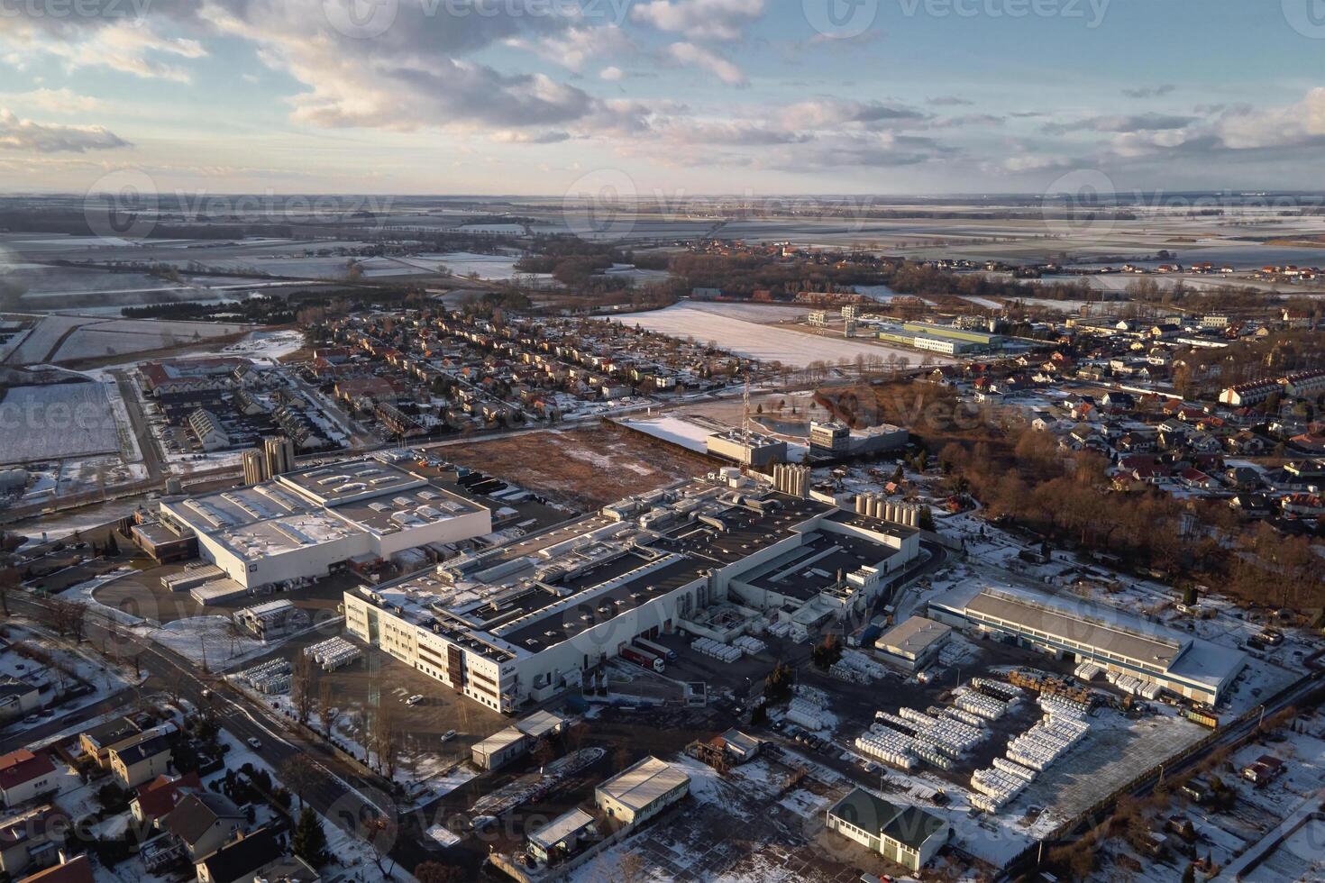Logistic warehouse in suburban area, aerial view photo