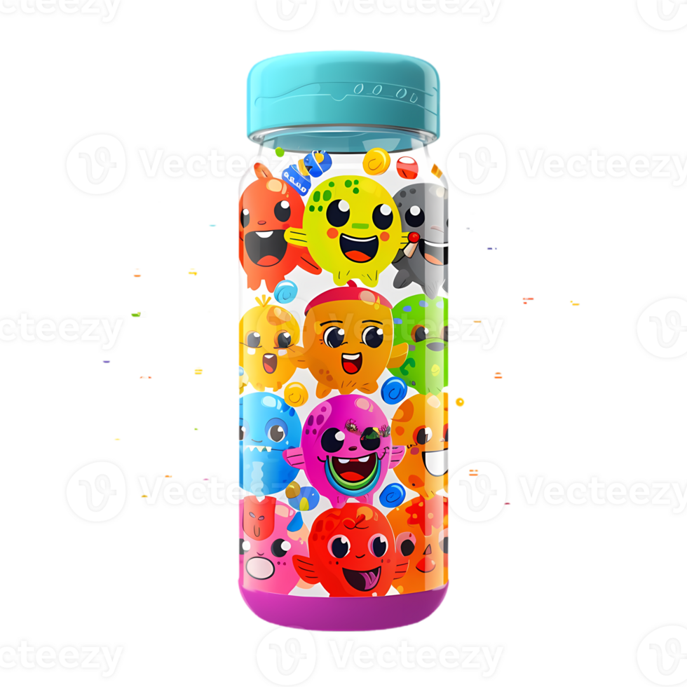Colorful Water Bottle with Cartoon Characters png