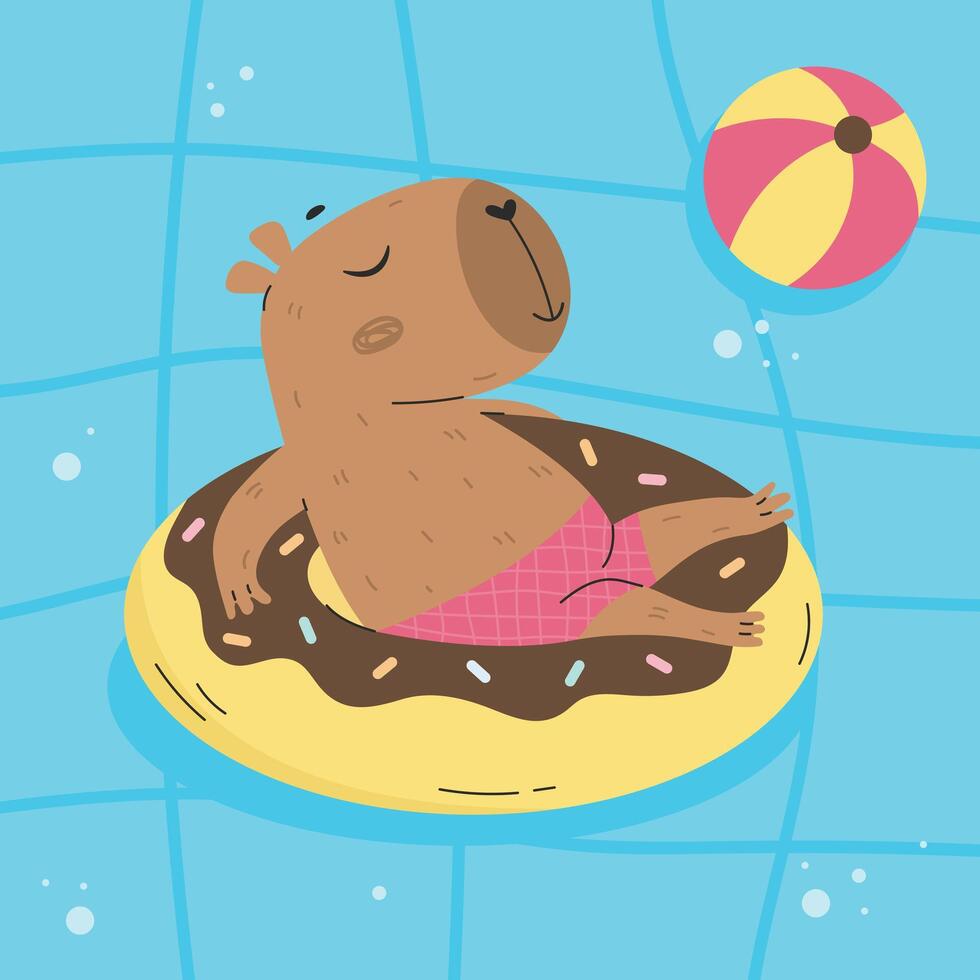 Blue swimming pool with capybara sunbathing banner vector