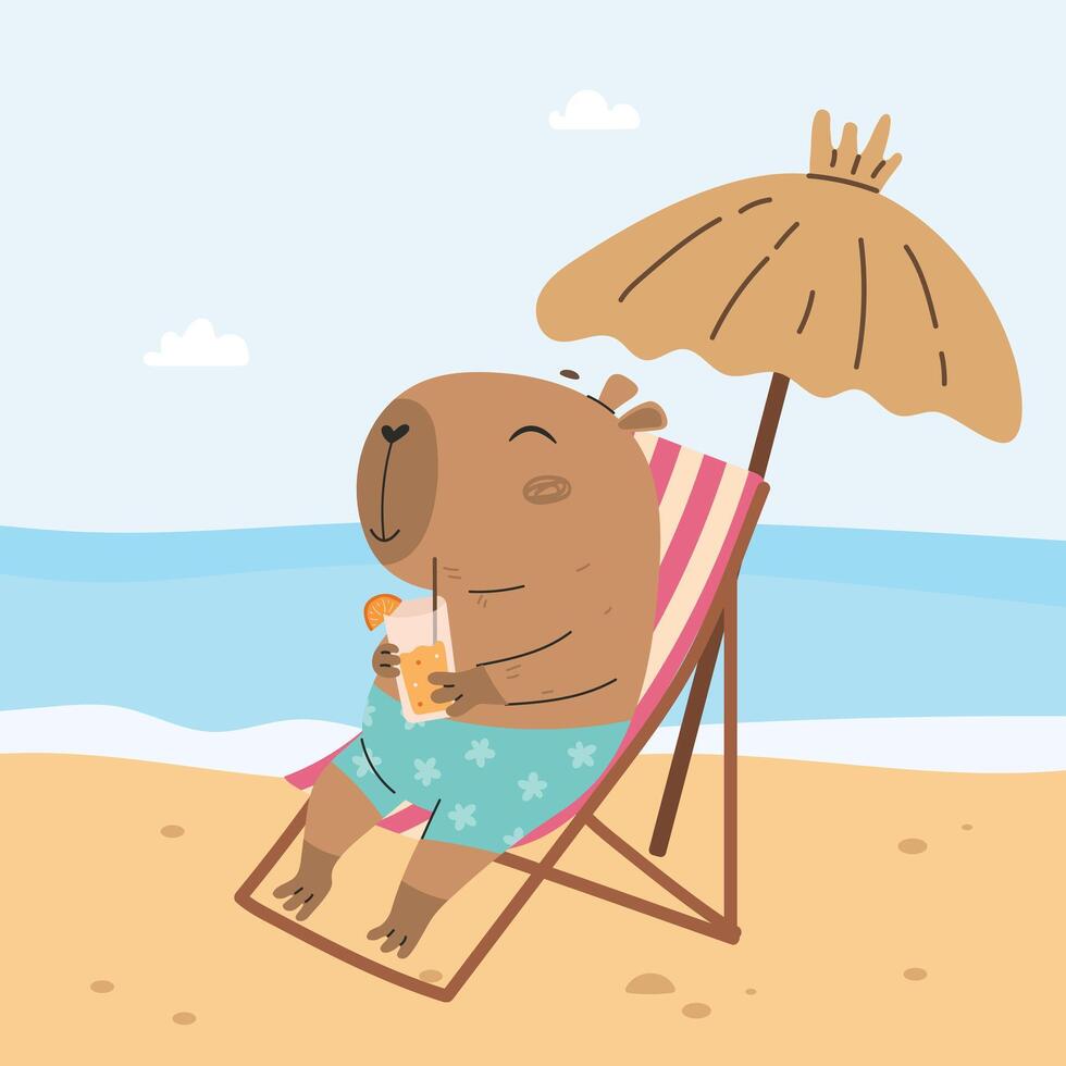 Funny capybara sunbathing on the beach chair vector