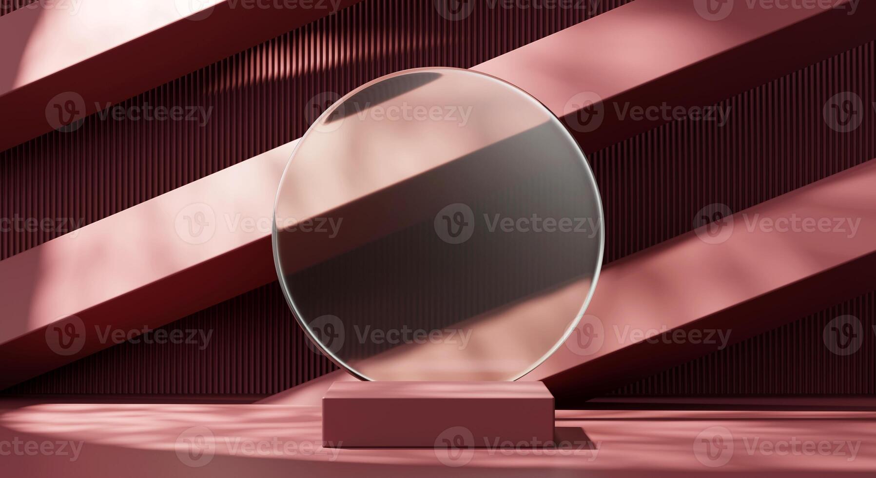 3D rendering abstract red cube platform podium and round glass for product presentation background photo