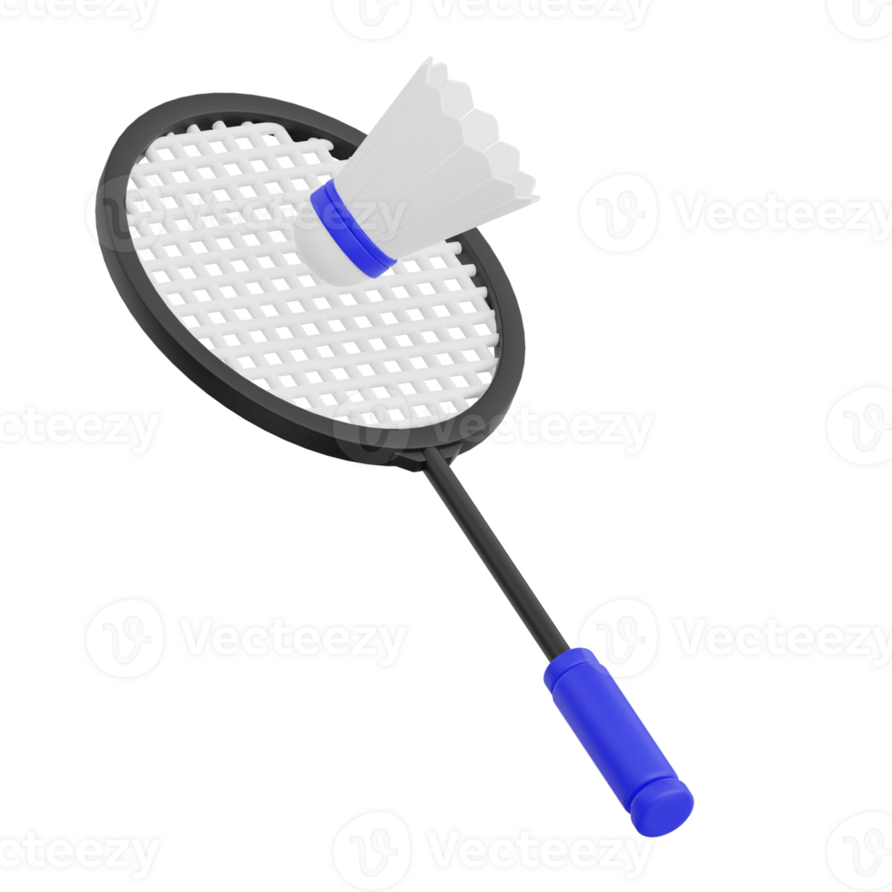 3D render racket and shuttlecock badminton icon illustration. Isolated on transparent background png