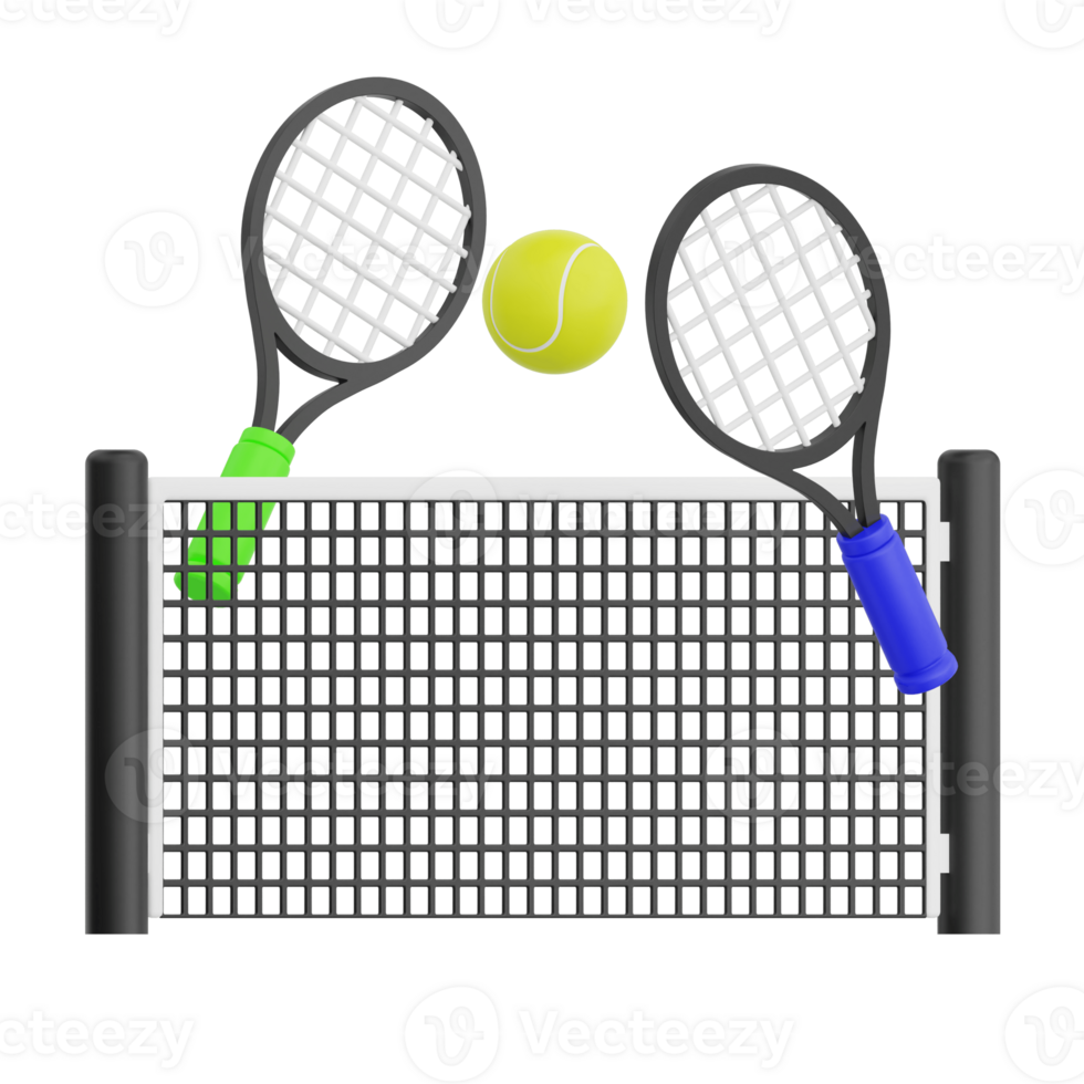 3D render racket, ball and net tennis icon illustration. Isolated on transparent background png