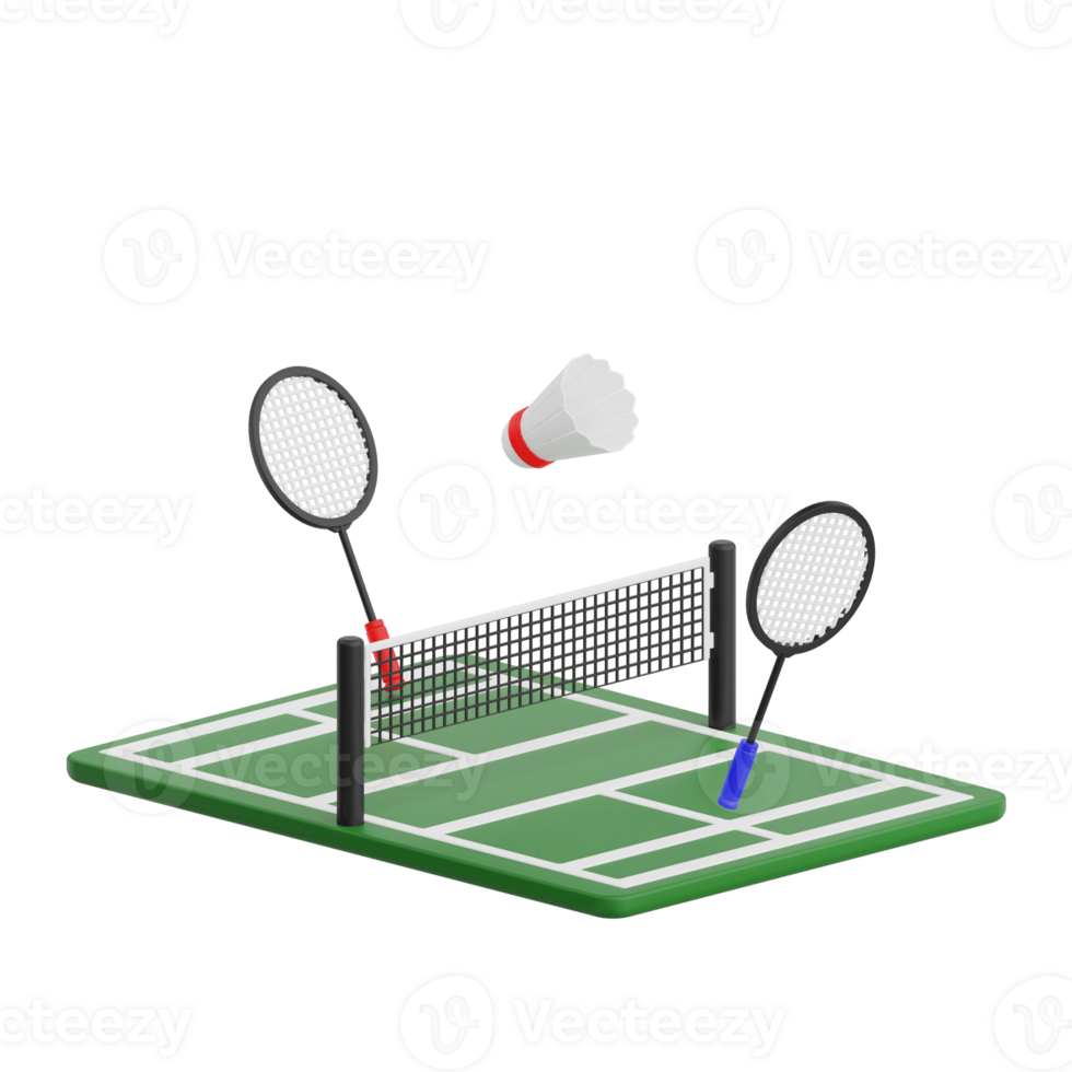 3D render badminton field icon illustration. Isolated on transparent background png