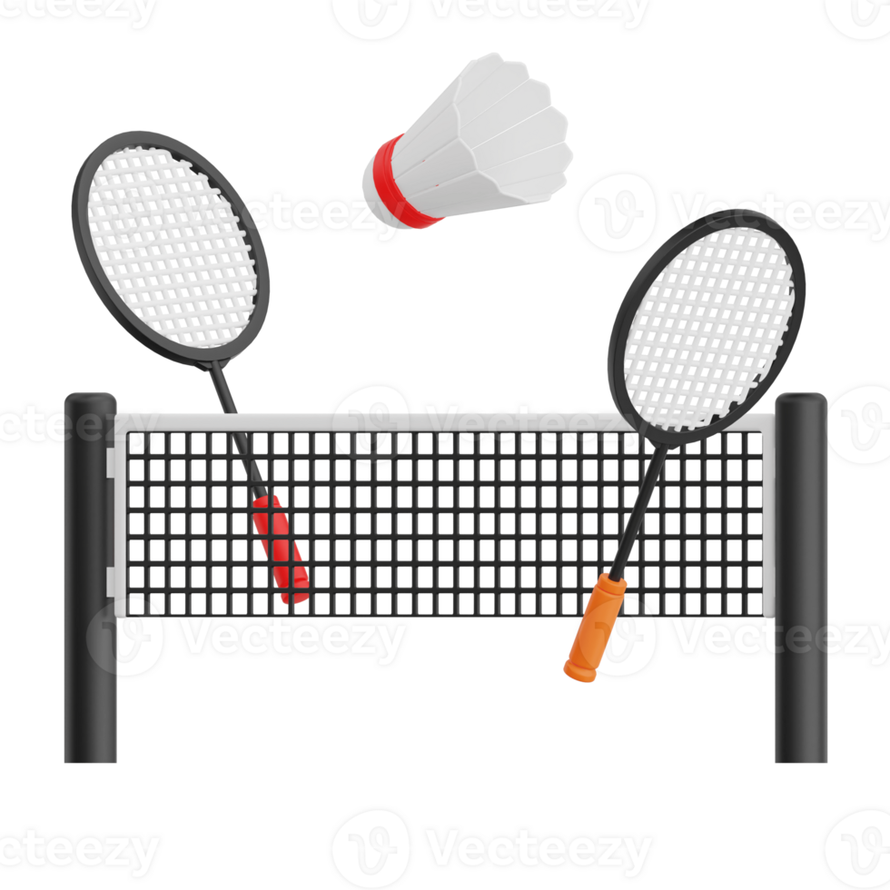 3D render racket, shuttlecock and net badminton icon illustration. Isolated on transparent background png
