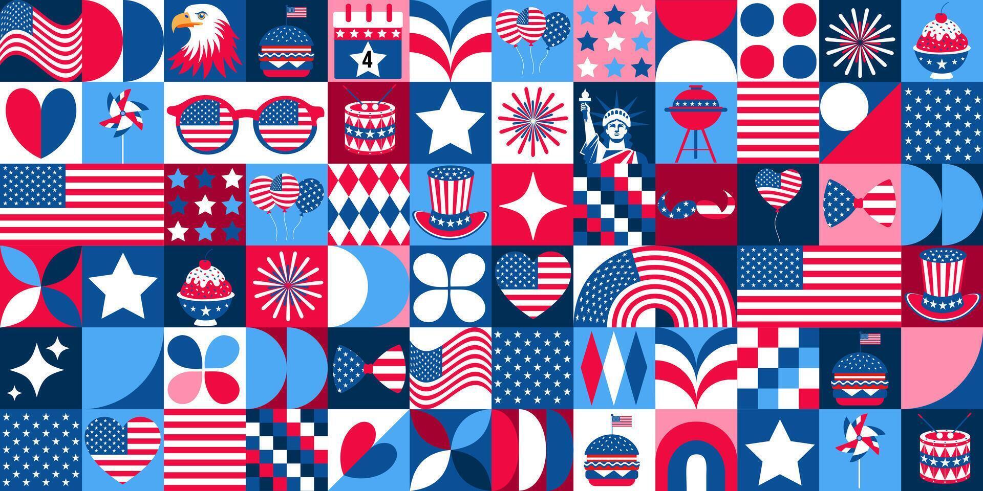 The 4th of July icons elements with geometric pattern. Bauhaus style. vector