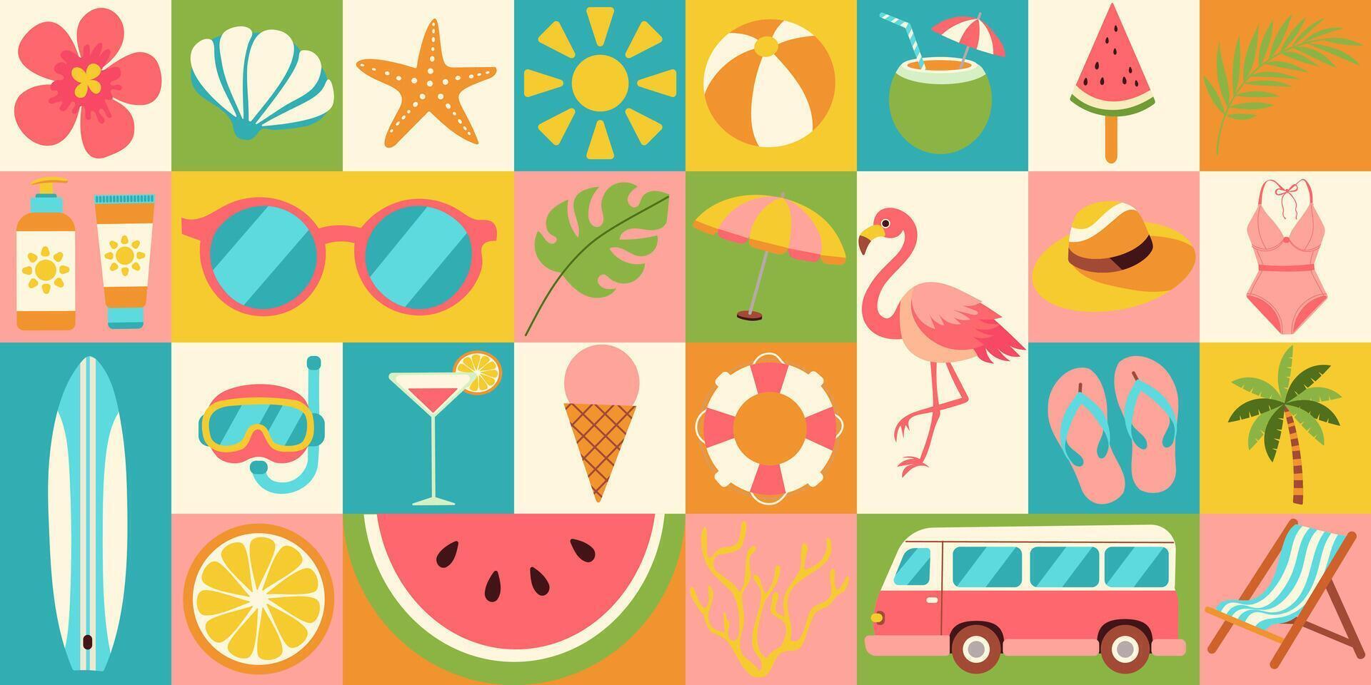 Summer Getaway A Collection of Vibrant Vacation Icons. Bauhaus style. Geometric pattern vector
