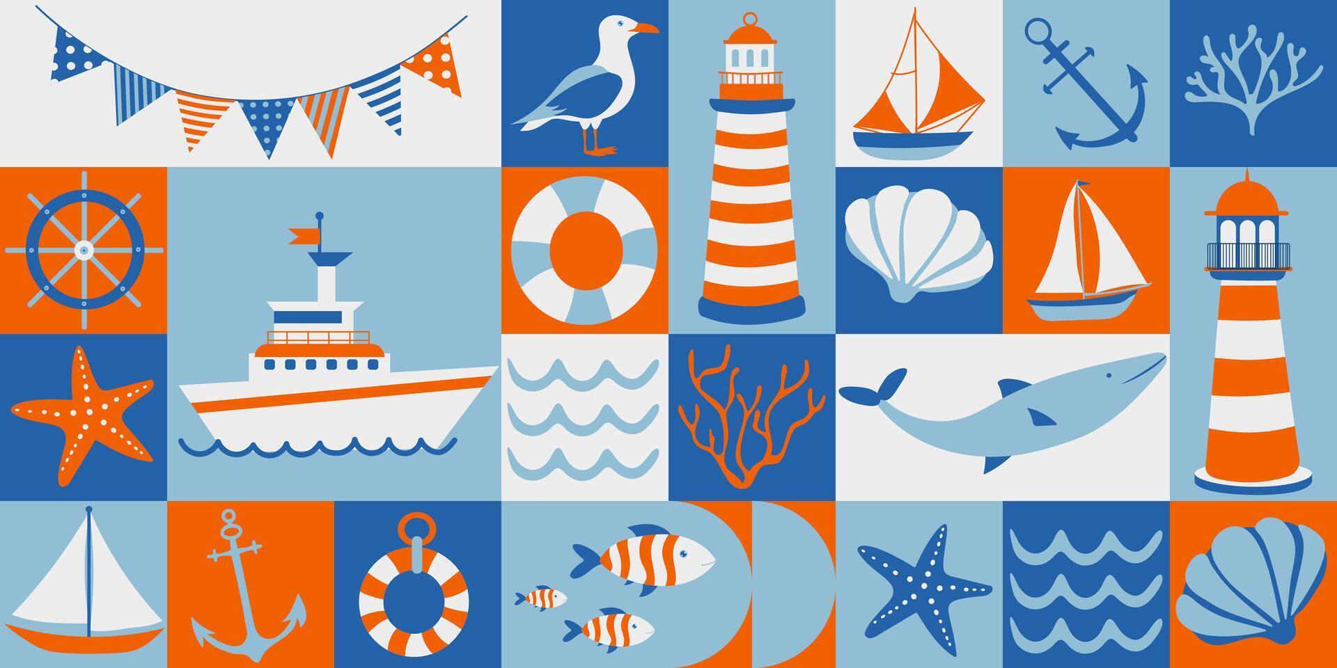 Nautical Adventure geometric Pattern with Sea and Sailing Icons. Flat design for poster, card, wallpaper, poster, banner, packaging. vector