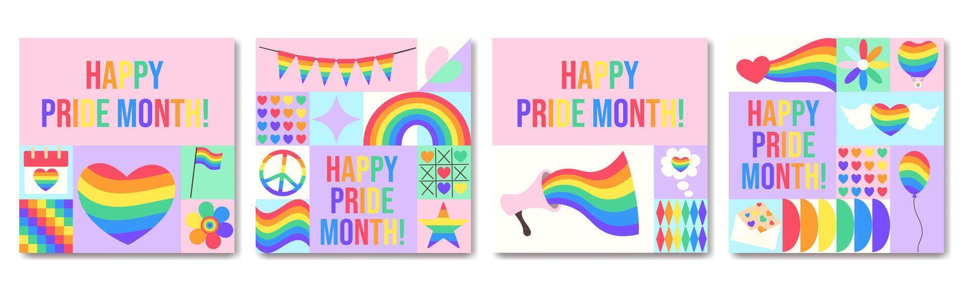 LGBTQ Happy Pride month greeting cards with geometric pattern vector