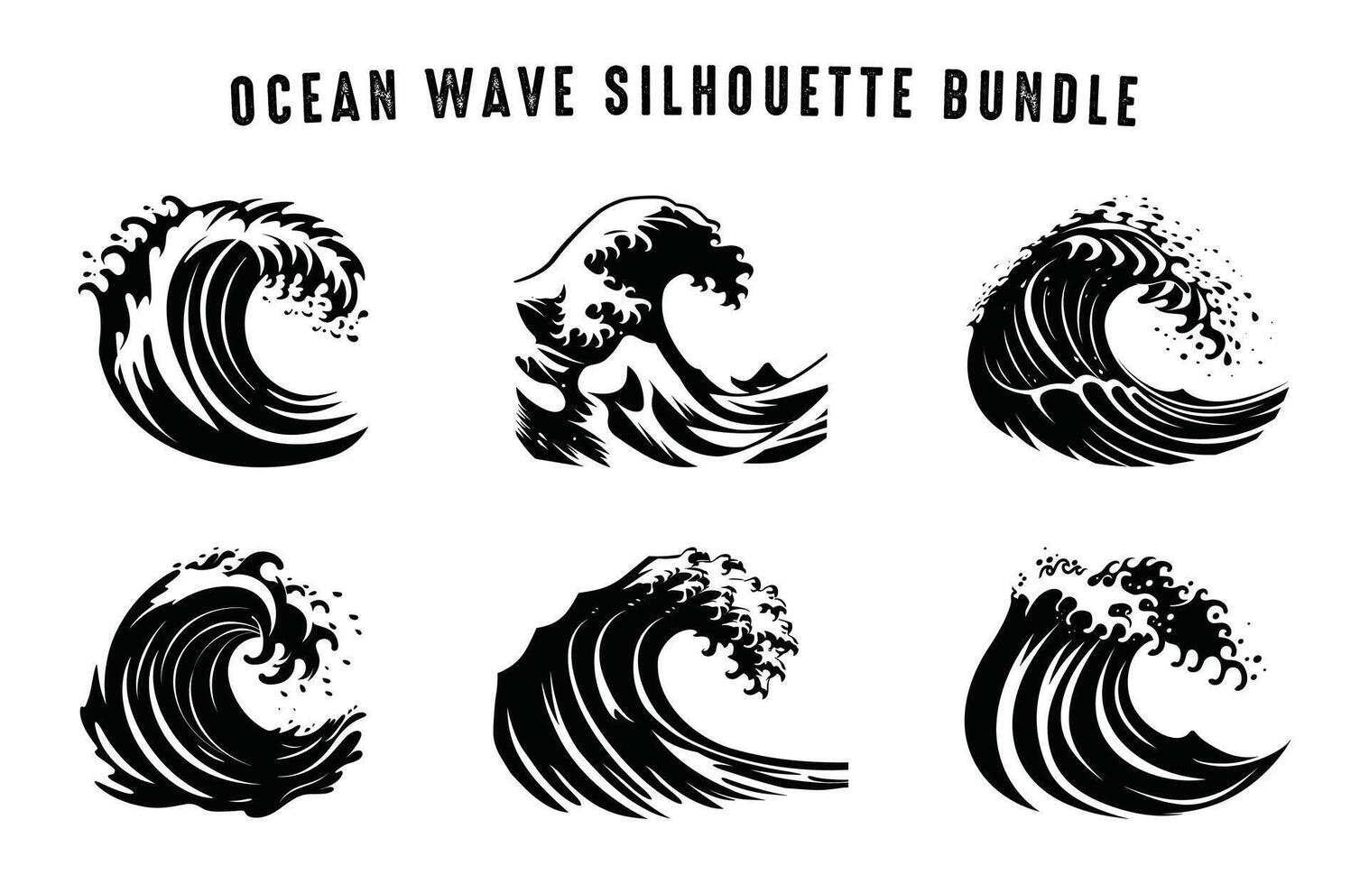 Ocean Wave Silhouette Clip art Set, Sea Wave black Silhouettes bundle vector