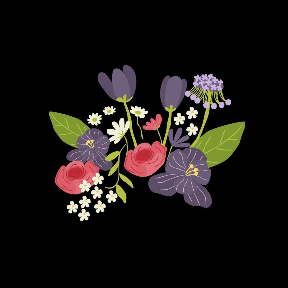 Floral illustration, Leaf, rose, daisy. Botanic composition for wedding or greeting card. Branch of flowers. Flower bouquet illustration in flat style. Isolated on black background vector