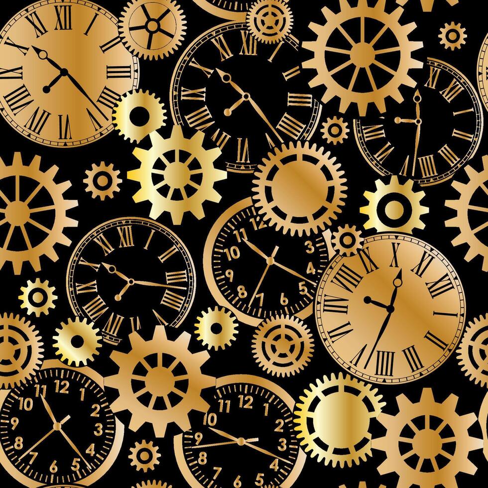 Gold metallic mechanical gears and clocks seamless pattern on black background vector