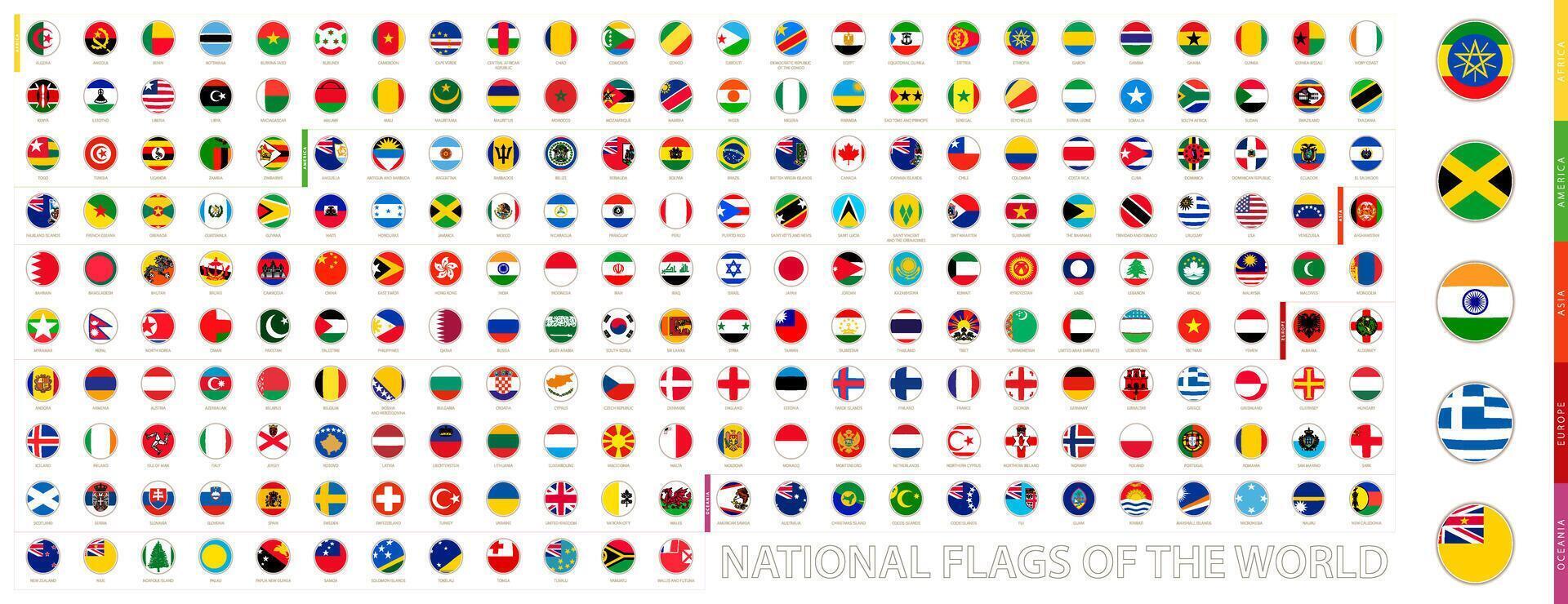 Round Circle Flag of the World Sorted Alphabetically by Continent. vector
