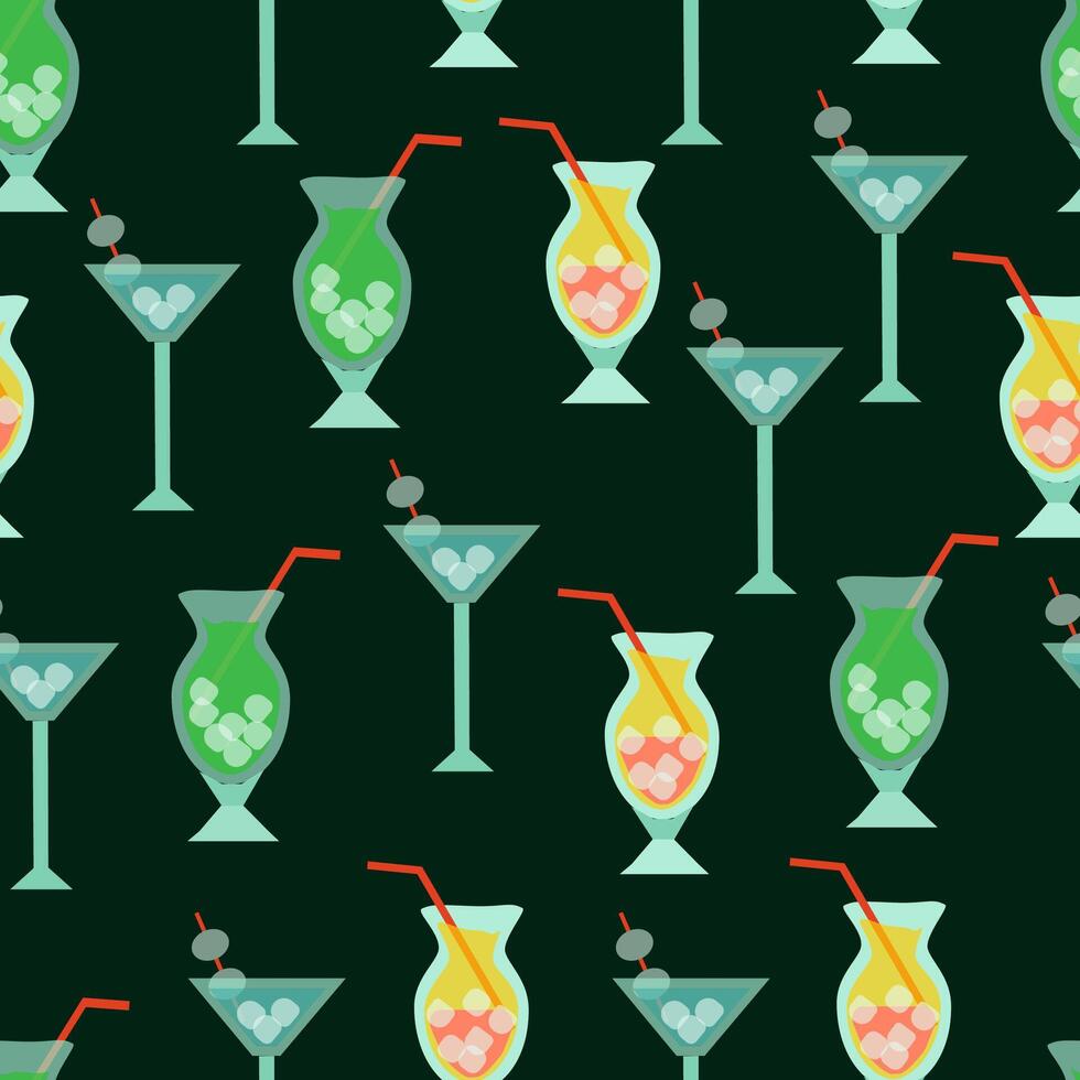 pattern cocktails with ice in glass goblets vector