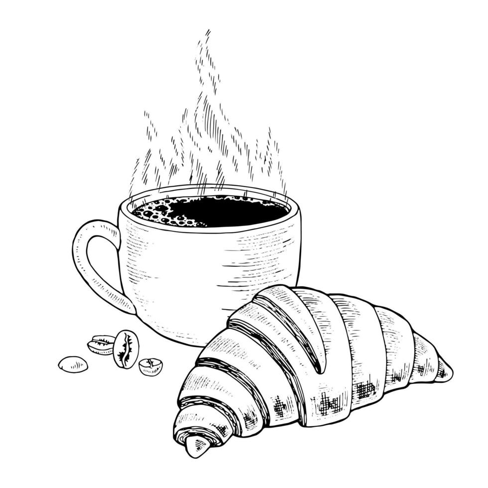 Coffee with Croissant hand drawn illustration. Espresso cup with bun. Vintage white and black line art drawing on background. Food sketch for graphic design. Clipart of drink and dessert vector