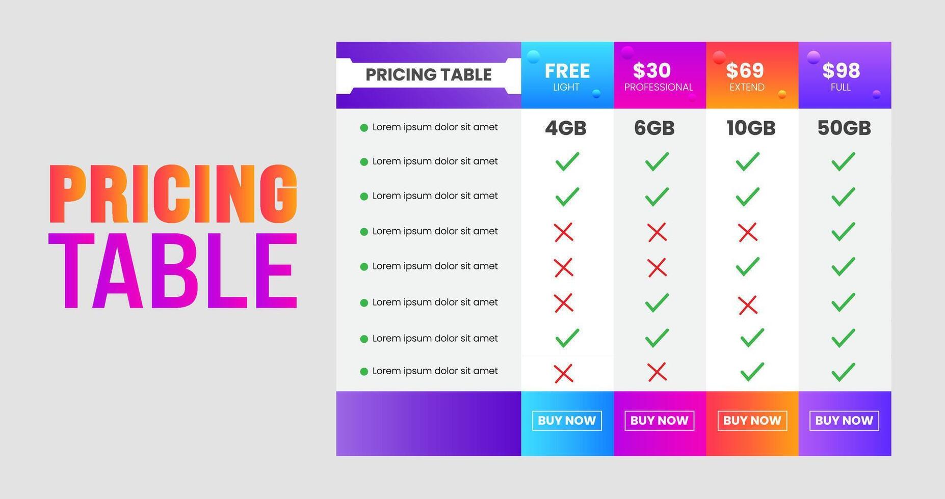 Corporate Pricing plans comparison table. Business product price chart subscription list layout. Features checklist infographic price design vector