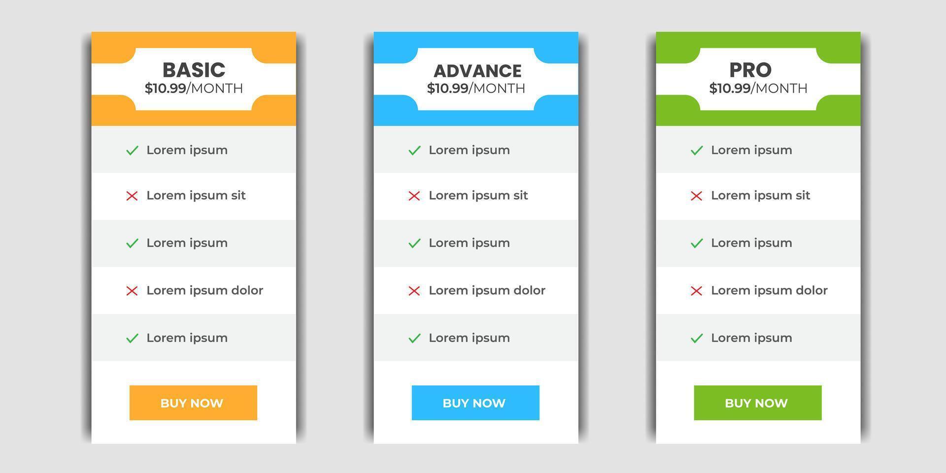 Corporate Pricing plans comparison table. Business product price chart subscription list layout. Features checklist infographic price design vector