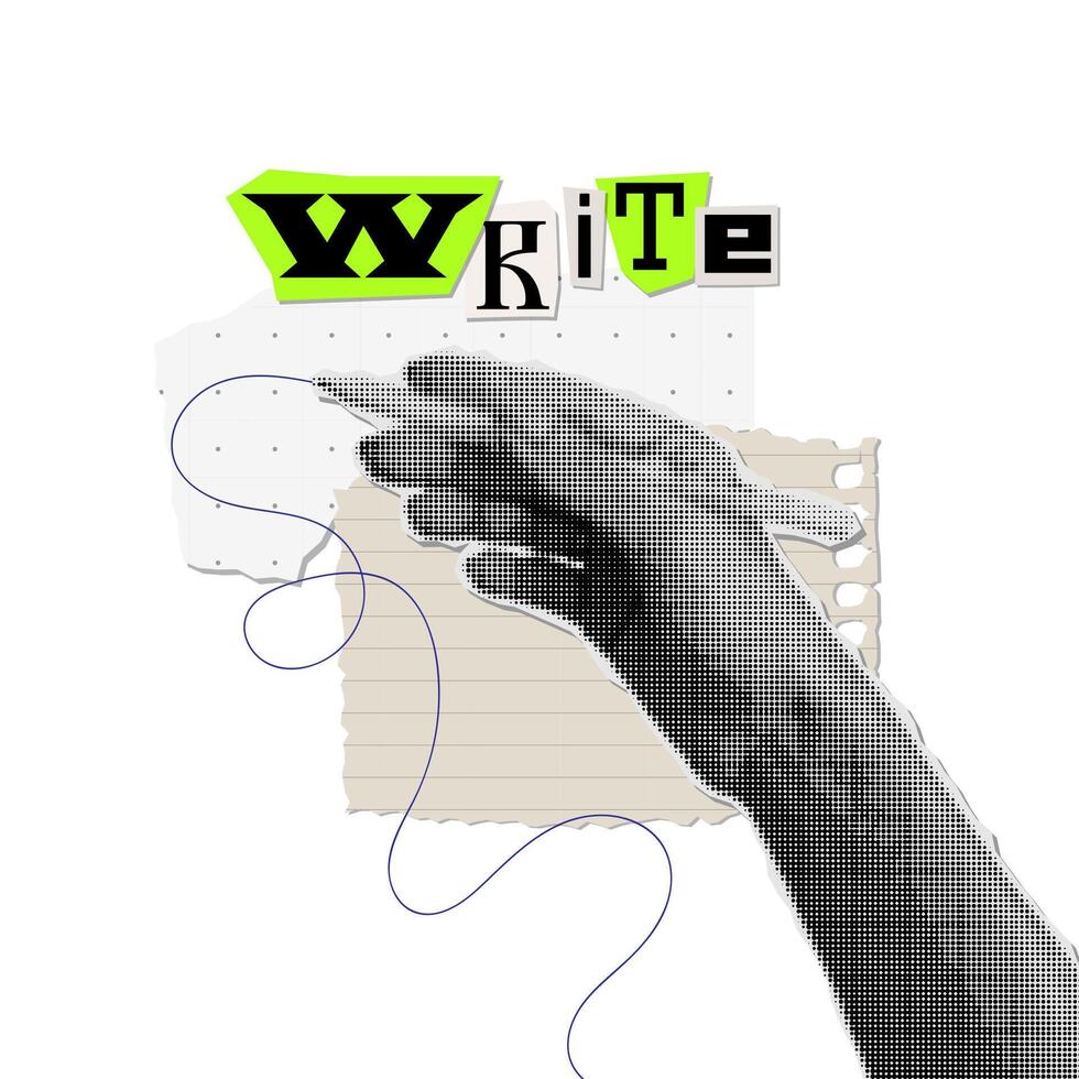 A hand holding a pencil and writing. Trendy halftone collage. Vintage isolated concept with torn out paper elements. vector