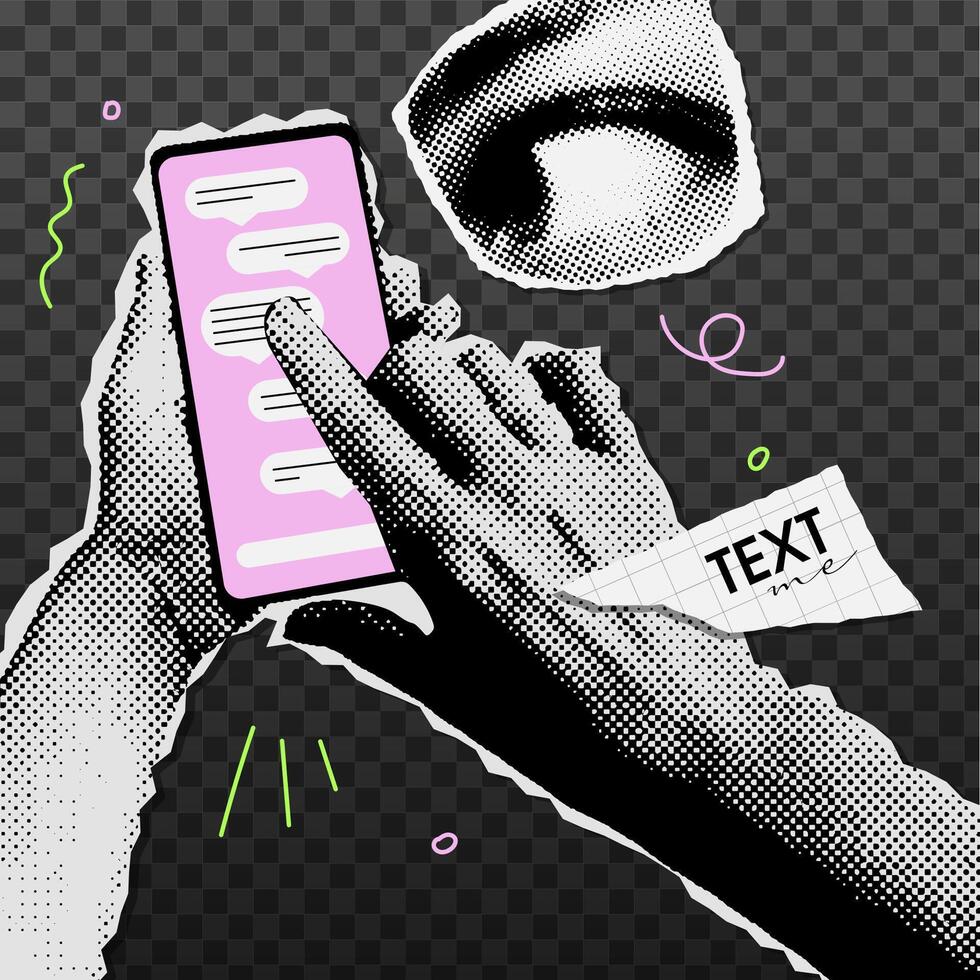 Halftone collage of smartphone hands sending messages by phone. Correspondence on the phone, retro torn out paper elements. illustration. vector