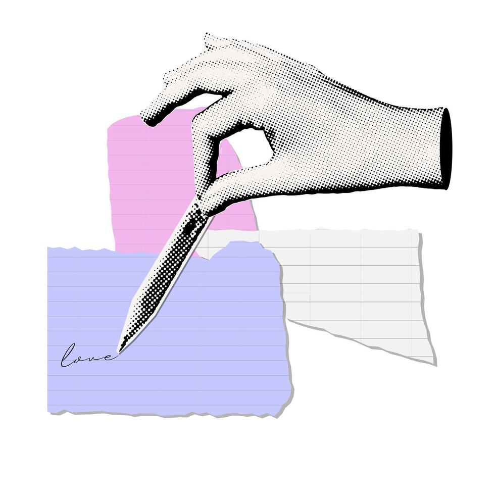 Funny Hand holding a pencil. Trendy halftone collage in vintage mixed art style. illustration. vector