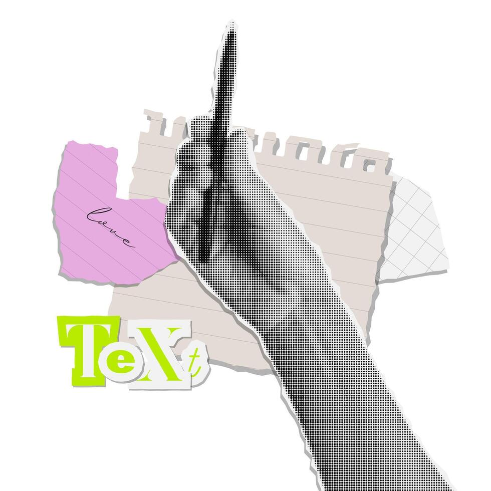 Hand that hold a pen with torn papers on background. Trendy halftone collage style. illustration. vector