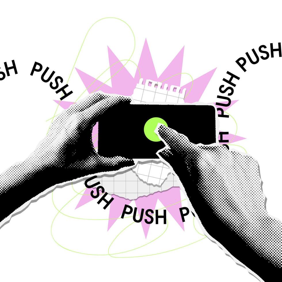 Halftone collage hands holding smartphone with round button on display. Finger pushing the button. Online voting, shopping concept. Torn out paper illustration vector