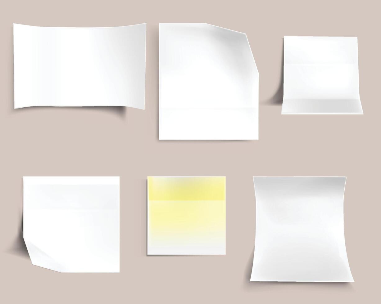 White Paper stickers set of different shapes with shadow and folded edges, tags, sticky notes background. vector