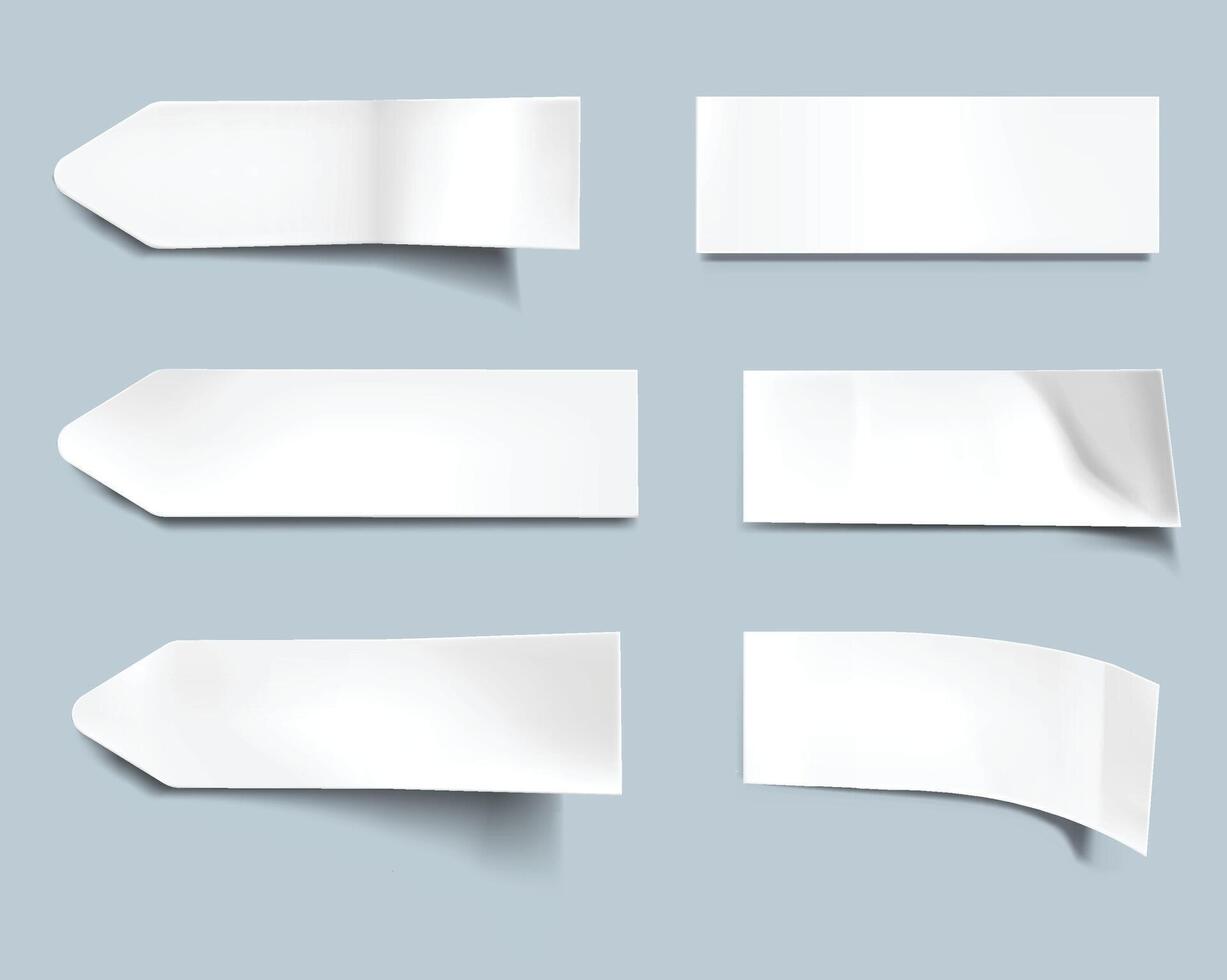 White Paper stickers set of different shapes with shadow and folded edges, tags, sticky notes for memo mockup isolated background. vector