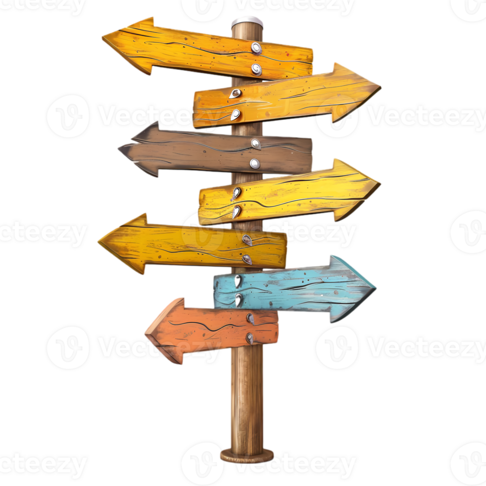 Wooden Signpost with Multiple Arrows Pointing in Different Directions png
