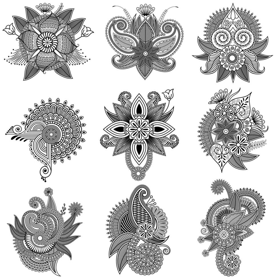 Traditional and Cultural Beautiful pattern design, tattoo design, mandala patterns, Arabic patterns, Rangoli, Alpona, Kolam, Paisley line art. vector